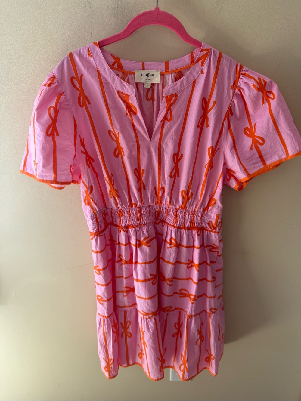 Umgee Bow-Print Puff Sleeves pink orange size Large